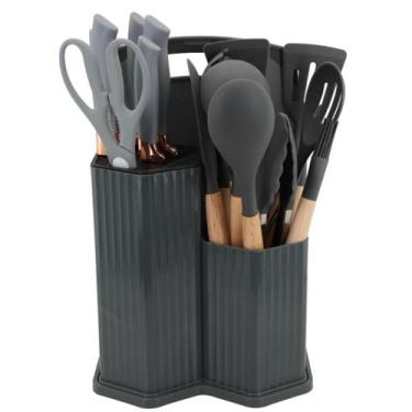 Imagem de Kit 19 Pç Silicone Cabo Madeira Facas Tábua Pote Organizador - Lovely 