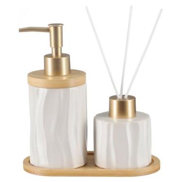 Imagem de Kit Lavabo Banheiro Bambu Aromatizador Saboneteira Líquida 375 - PGB, 