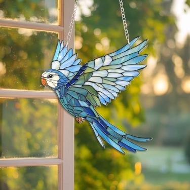 Imagem de Captador de sol estilo vitral de periquito azul - Suspensão de janela de acrílico de 15 cm - Decoração de luz de periquito colorido para casa ou jardim - Ornamento plano 2D presente para amigos e