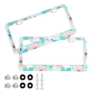 Imagem de SEHANY Molduras de placa de licença de flores florais coloridas, capas de moldura de placa de carro de alumínio à prova de ferrugem com orifícios elípticos e parafusos serve para veículos padrão dos