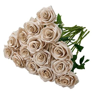 Imagem de Carlita's Blooms 15 peças rosas falsas flores artificiais de seda nude flor de rosa sintética buquê de hastes longas para arranjos de mesa de casamento festa decoração de cozinha para casa