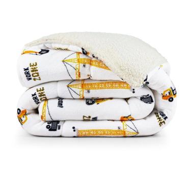 Imagem de Coberdrom Cobertor Lutti Solteiro Quarto Cama Infantiil Sherpa Manta Toque Lã de Carneiro Trator Caminhão Branco