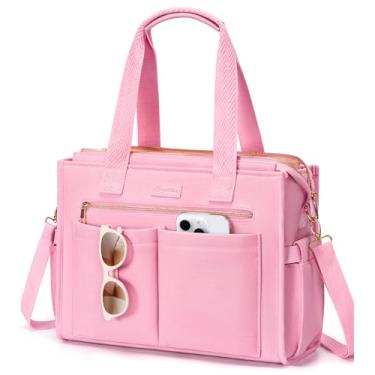 Imagem de Bolsa de lona para mulheres, bolsa transversal grande com 15 bolsos, bolsa bíblica para laptop com zíper para professores, trabalho, viagem, faculdade, G 4. rosa, Large-15.6inch