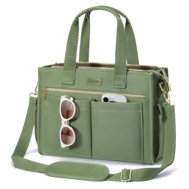 Imagem de Bolsa de lona para mulheres, bolsa transversal grande com 15 bolsos, bolsa bíblica para laptop com zíper para professores, trabalho, viagem, faculdade, M5. verde, Medium-14inch