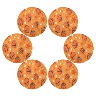 Imagem de Wassud Jogo americano conjunto de 6 tapetes de mesa redondos de basquete e estrelas para cozinha e jantar tapetes laváveis resistentes ao calor para decoração de mesa 39 cm