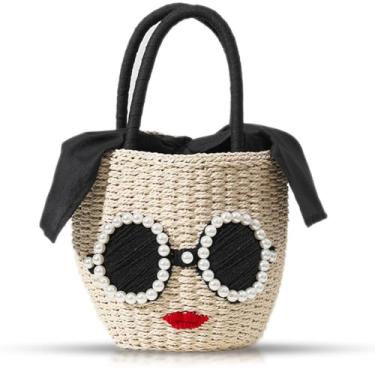 Imagem de QTKJ Bolsa de palha, bolsa de praia para mulheres, bolsas boêmias tecidas à mão, bolsa fofa para óculos de sol, cesta de lábios vermelhos, bolsa de palha adequada para piquenique, viagens, combinação