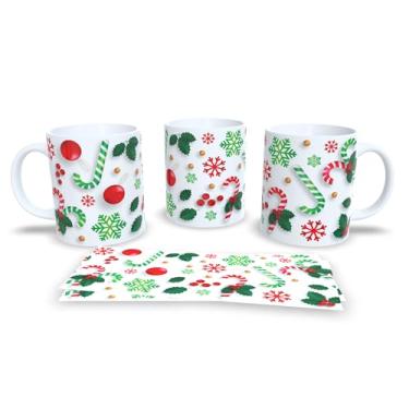 Imagem de Caneca de Cerâmica Natalina com Desenhos Decorativos, 325ml, Branca com Estampa de Enfeites em Verde, Vermelho e Azul, Conjunto com 4 Peças (18)