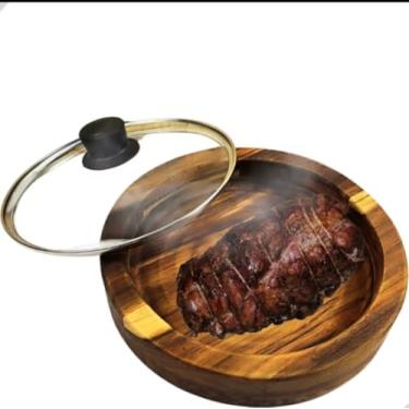 Imagem de Tabua Redonda de Madeira com Tampa de Vidro, 30cm, Gamela para Churrasco e Petiscos, Base em Madeira Rústica com Cobertura Transparente
