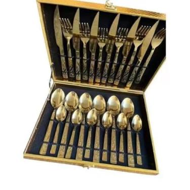 Imagem de Faqueiro Kit de Talheres com 24 Peças em Aço Inox, Cor Dourada