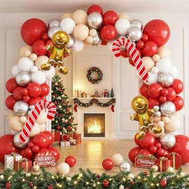 Imagem de BlissBash Kit de guirlanda de arco de balão de Natal de 140 peças com balões de bengala de gengibre de prata e nude vermelho para pano de fundo de festa de Natal, decorações de aniversário, chá de
