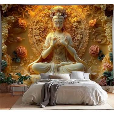 Imagem de FENDROM Tapeçaria de Buda Branco Sentado Estátua Budista com Flor Meditação Decoração de Parede Arte Zen Psicadélica Indiana Cobertor de Parede para Quarto Sala de Estar Decoração de Casa