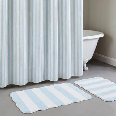 Imagem de Lounsweer Conjunto de 3 peças de cortina de chuveiro listrada azul marinho com tapetes de banho recortados, cortina de chuveiro náutica costeira para banheiro fazenda hotel decoração de banheira, 72 x