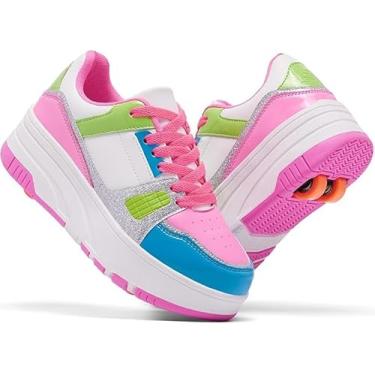 Imagem de Tênis de skate feminino com rodas destacáveis de 4 rodas. Presentes para ocasiões como Natal e festas de aniversário, Branco e vermelho rosa profundo, 38