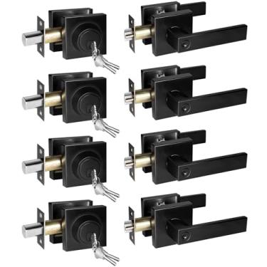 Imagem de Conjunto de maçaneta de porta frontal preta e fechadura de cilindro único, pacote com 4, conjunto de maçaneta quadrada e fechadura, fechaduras para porta da frente com fechadura para segurança de