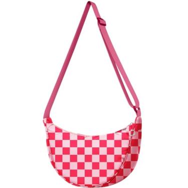 Imagem de Gemfit Bolsas transversais crescentes para mulheres - bolsas de ombro crescente de nylon médio para mulheres adolescentes e meninas, padrão exclusivo, Xadrez rosa, Xadrez rosa