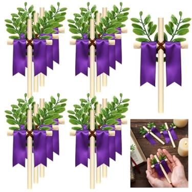 Imagem de Leinuosen 12 peças de decorações de cruz de Páscoa cruz de madeira com fitas decoração de pendurar Páscoa Cristão Jesus Lírio Ornamentos para artesanato religioso mesa de casa centro de mesa decoração