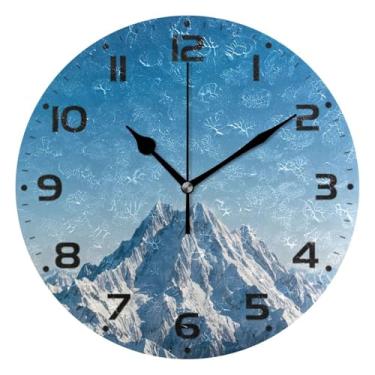 Imagem de JUZIHAI Relógio de parede Snowy Mountain, silencioso, redondo, sem tique-taque, operado por bateria, fácil de ler, relógio decorativo de parede para casa, cozinha, sala de estar, quarto, escritório