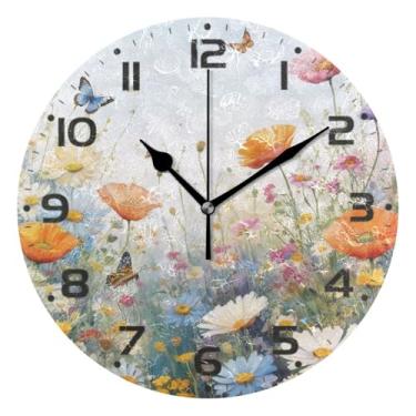 Imagem de JUZIHAI Relógio de parede com flor de primavera, silencioso, sem tique-taque, relógios de parede redondos operados por bateria, fácil de ler, relógio decorativo de parede para casa, cozinha, sala de