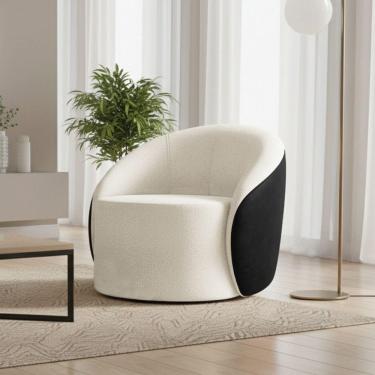 Imagem de Poltrona Sala Orgânica Lua Fixa Sintético Pu Preto/bouclê Off White D03 - D'rossi