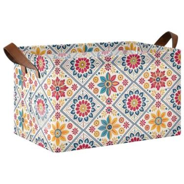 Imagem de Organizador de roupas para armazenamento de armário, organizadores de brinquedos grandes e caixas de armazenamento com alças, cesta de armazenamento colorida com azulejos florais, 17 x 29 x 25 cm, 1