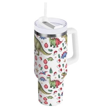 Imagem de Copos isolados de viagem de 850 g com alça e tampa de palha, copo de dinossauro à prova de vazamento de Natal