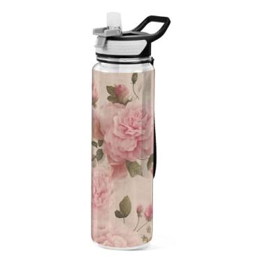 Imagem de ODAWA Garrafa esportiva transparente vintage rosa floral de 946 ml com canudo e alça, jarro de água reutilizável de 1 litro