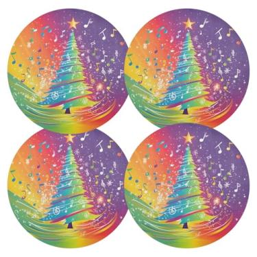Imagem de Jogo americano circular de árvore de Natal arco-íris de 38 cm, tapetes de mesa de cozinha, tapetes de mesa laváveis em PVC, conjunto de 4 jogos americanos redondos
