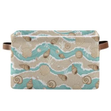 Imagem de Cestas de prateleira de 36 cm com alças – caixas de armazenamento decorativas de tecido dobrável para escritório em casa, quarto, retrô, praia, concha, azul-petróleo, bege, 1 pacote