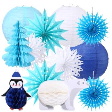 Imagem de Unittype Decorações de festa de Natal azul árvore de Natal pinguim urso polar bolas de favo de mel flocos de neve penduradas leques de papel lanternas de papel para suprimentos de festa de inverno