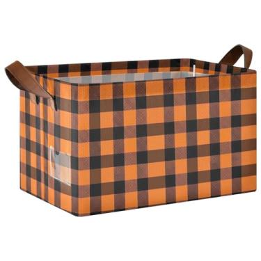 Imagem de Organizador de suéter grande laranja xadrez buffalo, com alças, cestas de armário para prateleiras 40 x 29 x 25 cm, caixas de armazenamento de prateleiras, pacote com 2