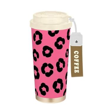 Imagem de Caneca de viagem de café 40 ml com canudo e tampa de enchimento, copo de café de aço inoxidável isolado a vácuo à prova de vazamento, manchas de leopardo preto ousado rosa