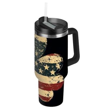 Imagem de Joisal Copo rústico trevo bandeira americana trevo com tampa e canudo garrafa de água isolada de aço inoxidável 1,134 g copo com alça rosa bonito copo para quente e frio