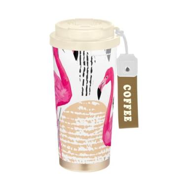 Imagem de Caneca de viagem de café 40 ml com revestimento cerâmico, copo de café de viagem de aço inoxidável com canudo e tampa, copo isolado a vácuo, plantas de flamingos rosa tropicais