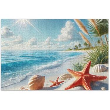 Imagem de Quebra-cabeça com concha costeira estrela do mar praia 500 peças para adultos flor animal impressão arte quebra-cabeça engraçado presentes de jogo de quebra-cabeça, 50 x 35 centímetros