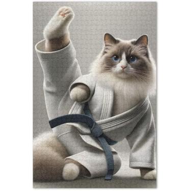 Imagem de Quebra-cabeça engraçado de karatê de gato para adultos 500 peças decoração de arte pintura quebra-cabeças duros presentes de festa de elefante branco, 50,5 x 14,9 polegadas