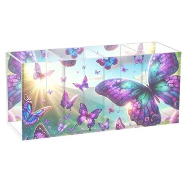 Imagem de TSENQUE Porta-canetas de mesa de acrílico com borboletas violetas florais personalizadas, arte artística, artesanato, copos de lápis, organizador de papelaria, organizador de decoração de mesa de