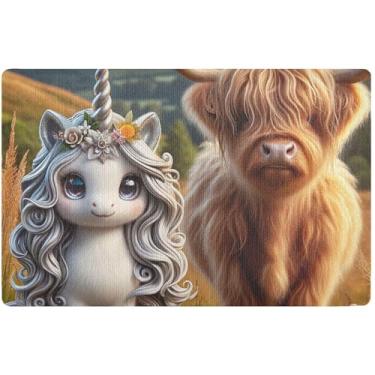 Imagem de TSENQUE Tapete de porta frontal fofo de unicórnio Highland Cattle Fall fofo, tapete de porta externo, tapete de banho absorvente de água antiderrapante 81 x 50 cm