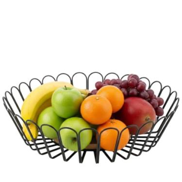 Imagem de Cesto Organizador de Frutas, Fruteira de Mesa Decorativa Redonda Metalizada em Aço Inoxidável com base em madeira natural