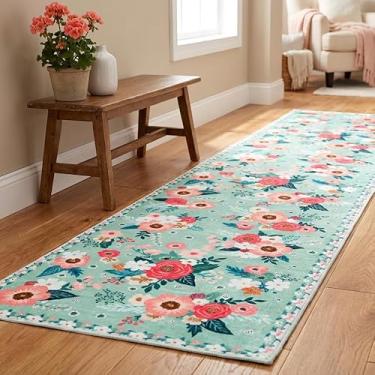 Imagem de GRANNY SAYS Tapete antiderrapante para corredores, tapete lavável de 5 x 20 cm com suporte de borracha, tapete macio de lã sintética, flores coloridas para cozinha, entrada, sala de estar, floral aqua