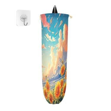 Imagem de Campo de girassóis com nuvens 2 unidades de suporte de saco plástico, dispensador de saco de compras de plástico, organizador de armazenamento de cozinha