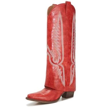 Imagem de CDHYX Botas femininas caubói ocidentais Pasuot, botas de tubarão, dobráveis, salto grosso, bico fino, cowgirl com bordado, Vermelho, 41