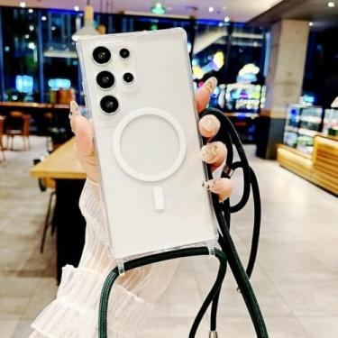 Imagem de Capa de acrílico à prova de choque com alça para Samsung Galaxy S25 Ultra, S23, S24 Plus, S25 Plus, transversal, com cordão magnético, sem fio, transparente, verde escuro, para S23 Ultra