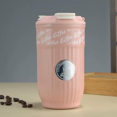 Imagem de Copo Térmico de Aço Inoxidável 304, 420ml, Preto com Canudo e Bico, para Café, Chá, Água (Bebidas Quentes e Frias), 14x8cm (Rosa)