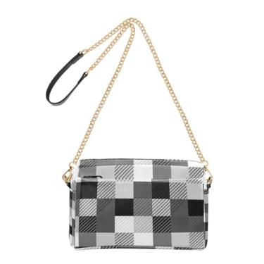 Imagem de Joitme Bolsa feminina transversal para celular quadriculada alternada de couro PU preto com alça de corrente