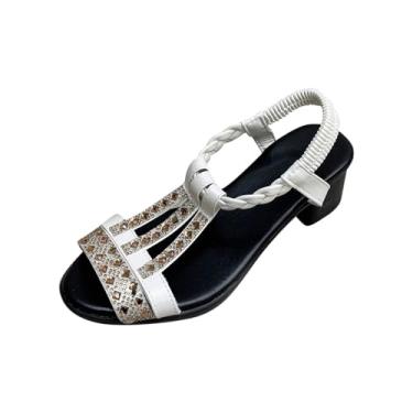 Imagem de Sandália feminina fashion casual primavera e verão praia versátil strass boca de peixe bico aberto elástico salto baixo salto grosso sandálias, Branco, 35