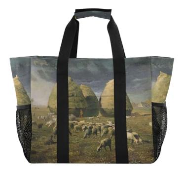 Imagem de Sacolas de mercearia reutilizáveis para piquenique Fran?ois Millet outono estampa de ovelhas bolsas de praia para mulheres bolsa de barco de cruzeiro de animais fofos bolsa de piscina impermeável