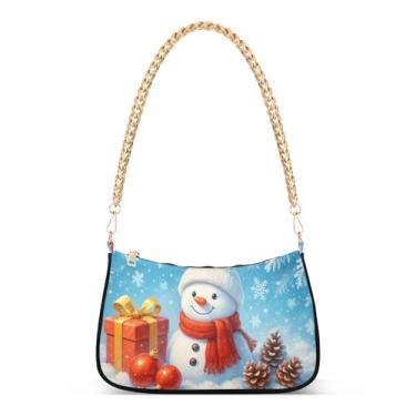 Imagem de Linda bolsa de ombro de corrente branca de boneco de neve de Natal, bolsa Hobo festiva com alça dourada, bolsa feminina com estampa de inverno