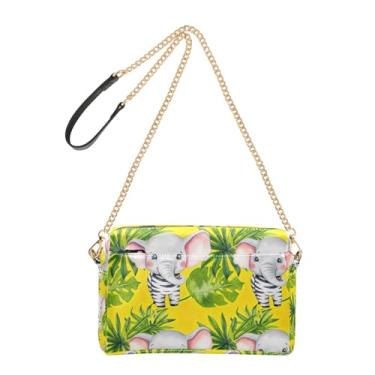 Imagem de Joitme Bolsa transversal para mulheres, bolsa para celular, bolsa de ombro de couro PU, alça de corrente, desenho de elefantes fofos, folhas amarelas