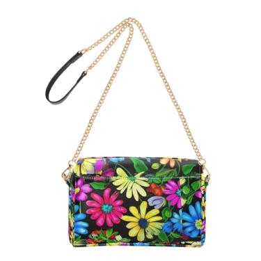 Imagem de Joitme Bolsa tiracolo feminina com margaridas coloridas vibrantes e pretas bolsa de couro PU alça de corrente