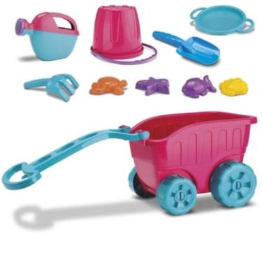 Imagem de CARRINHO DE PRAIA COM ACESSÓRIOS KIT BRINQUEDOS DE AREIA BALDE E MOLDES BALDINHO PARA PRAIA (ROSA)